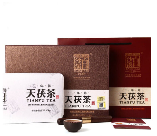 白沙溪 茶叶 安化黑茶 天茯茶三年陈金花茯砖茶礼盒装 1KG