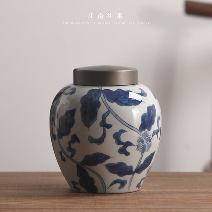 江南往事 手绘青花陶瓷茶叶罐铝合金盖密封罐功夫茶具储茶罐...