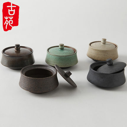 粗陶陶瓷宜兴紫砂茶具窑变复古小号普洱储存罐子土陶茶叶罐陀...